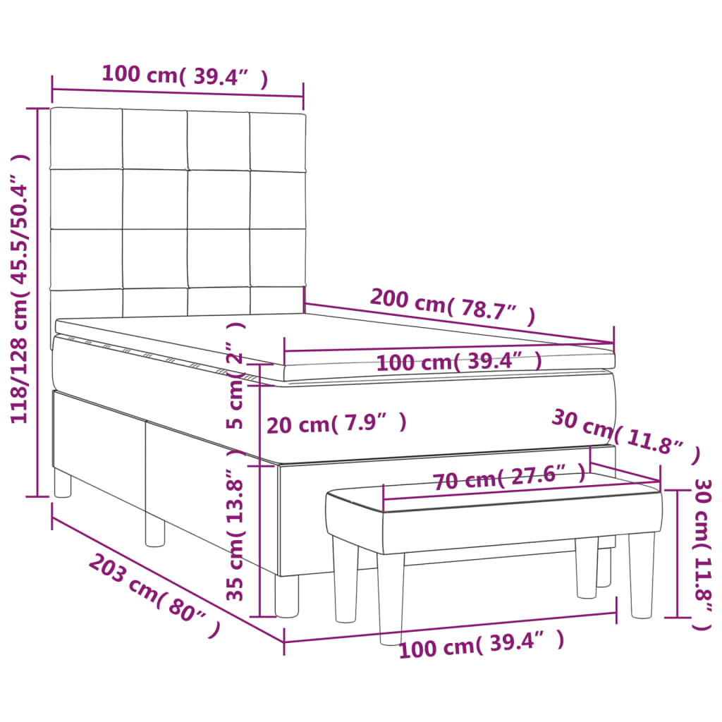 vidaXL Cama com molas/colchão 100x200 cm veludo cinza-claro