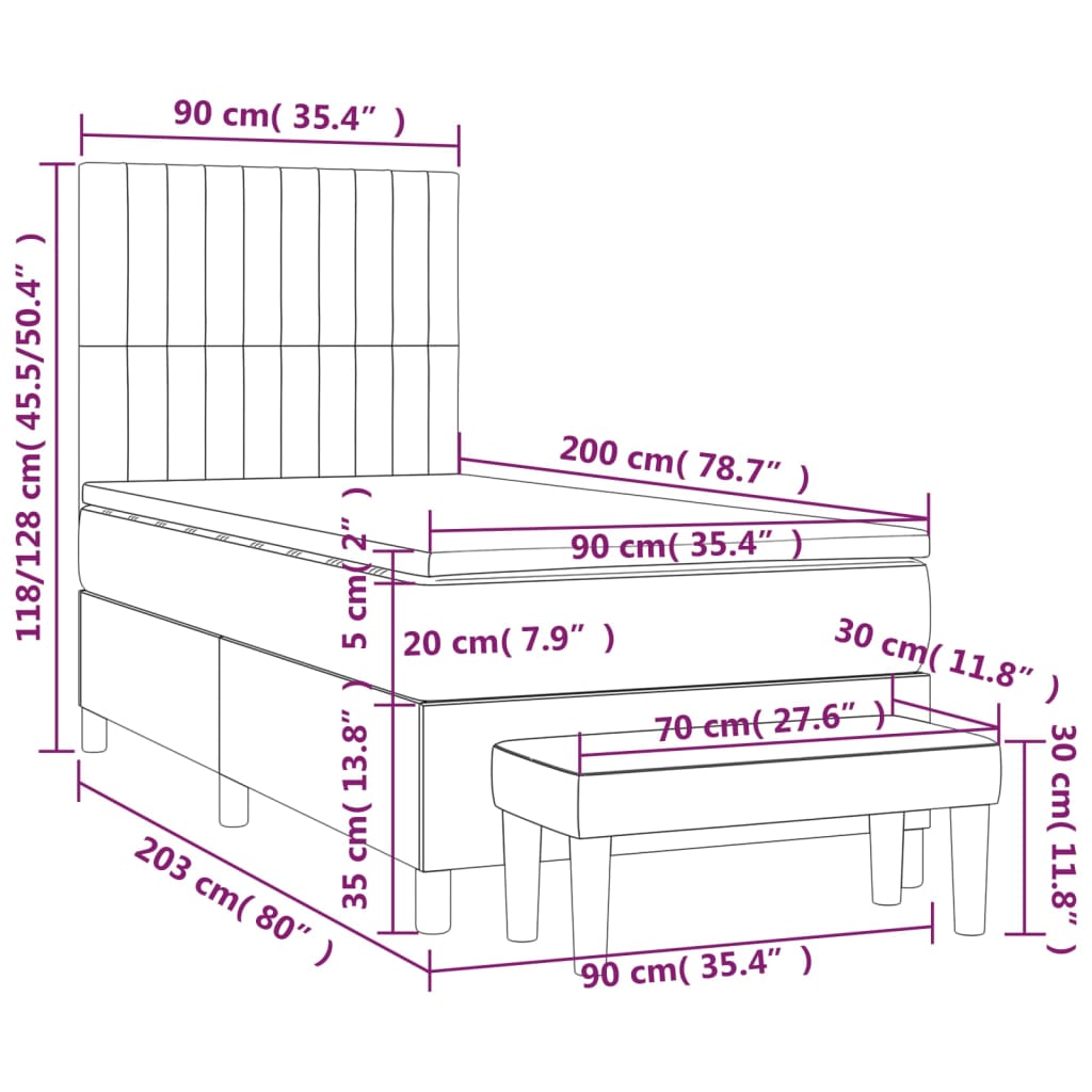 vidaXL Cama com molas/colchão 90x200 cm veludo cinza-claro