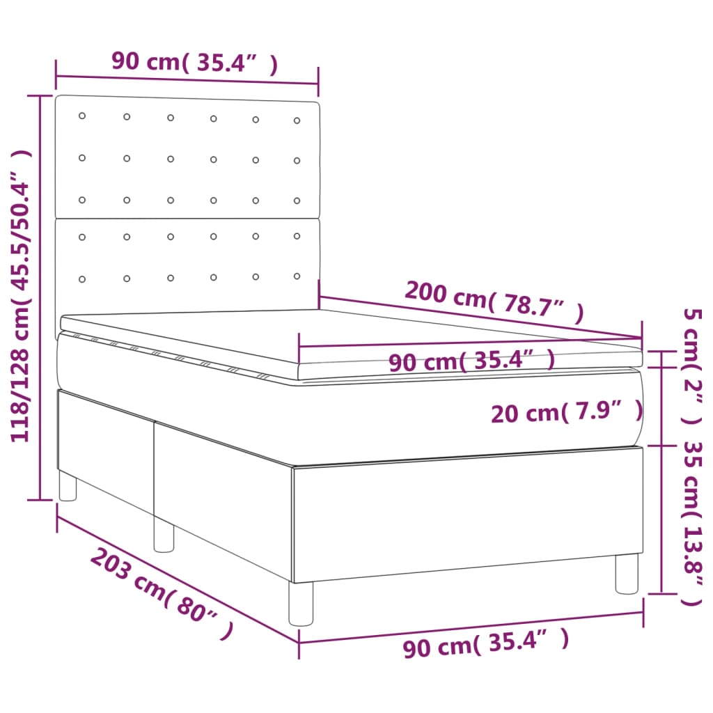 vidaXL Cama com molas/colchão 90x200 cm tecido cinzento-escuro