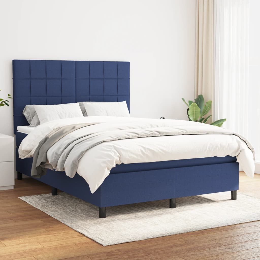 vidaXL Cama com molas/colchão 140x190 cm tecido azul