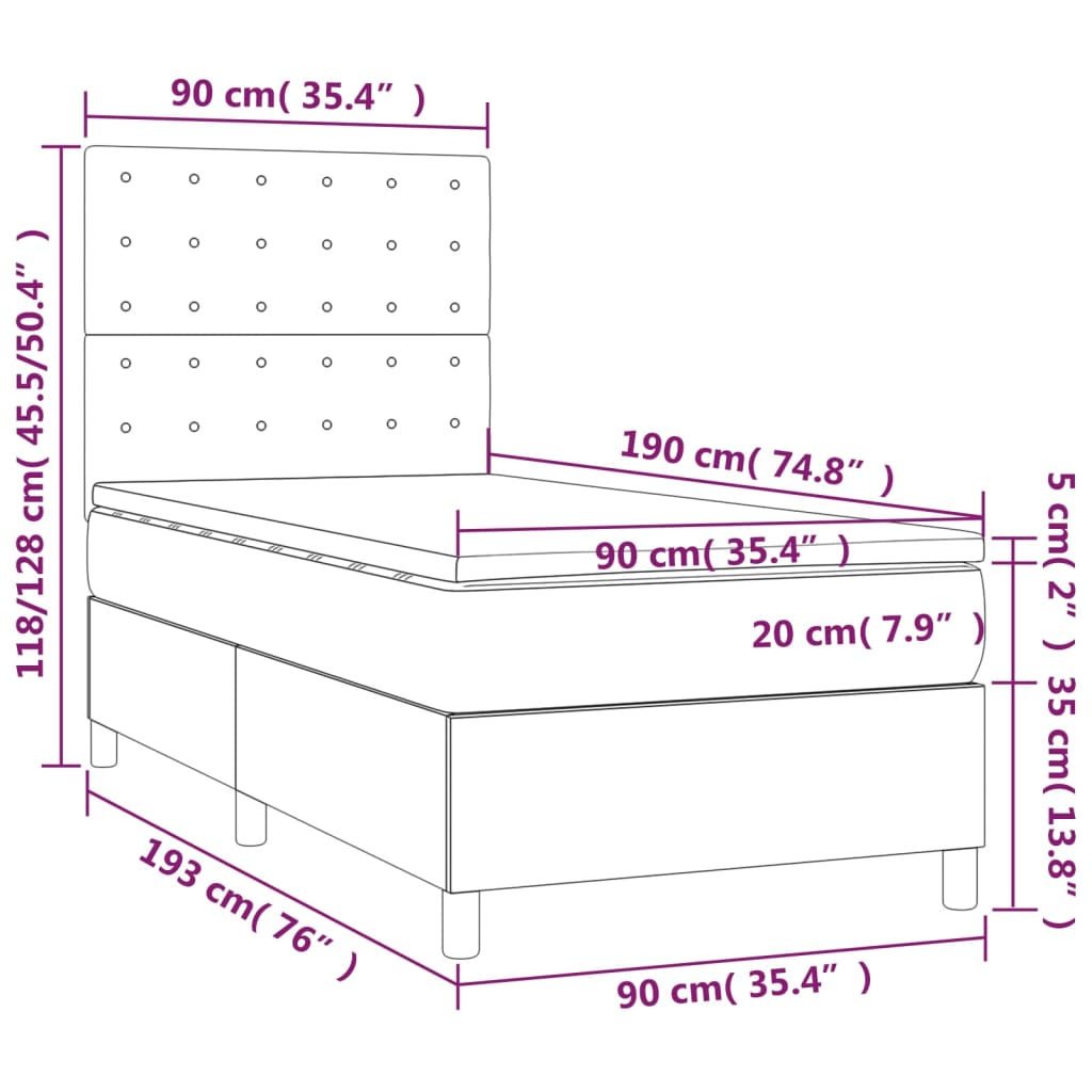 vidaXL Cama com molas/colchão 90x190 cm tecido cinza-escuro